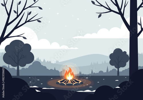 A serene vector illustration of a warm bonfire crackling in a peaceful, cold winter forest with snow-covered ground and trees