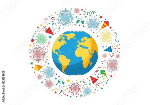 Vibrant global celebration with festive party elements surrounding the Earth, depicting unity and joy worldwide for special events or holidays and momentous occasions