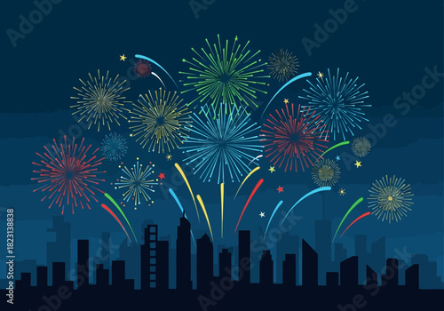 Colorful fireworks exploding over a dark city skyline during a festive night celebration