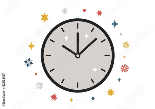 Clock Icon with Festive Stars and Sparkles, Symbolizing Time, Celebration, and Events
