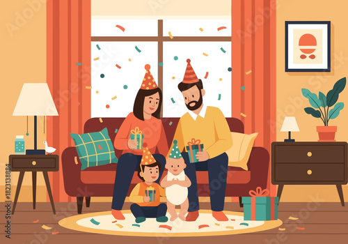 A happy family celebrating a birthday with colorful confetti falling around them in a cozy living room setting