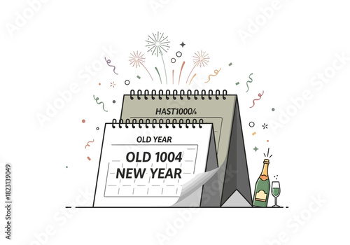 Celebrating the arrival of the New Year with a festive calendar flip, champagne, and fireworks, symbolizing new beginnings and a fresh start full of hope and opportunity