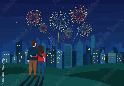 Couple Watching Fireworks Over City Skyline at Night A Romantic Celebration Scene