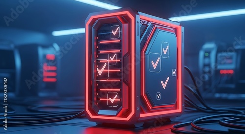 Futuristic Server Rack with Glowing Neon Accents and Checkmarks.