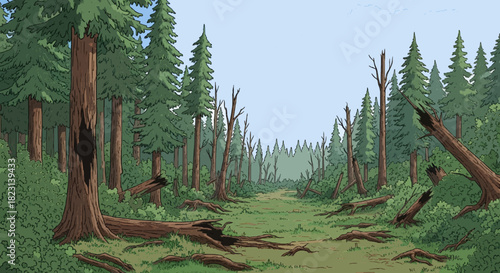 Overgrown Forest Path With Fallen Trees and Dense Greenery in Serene Woodland Setting