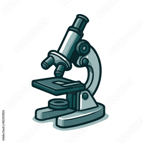 A detailed illustration of a laboratory microscope used for examining microscopic samples.
