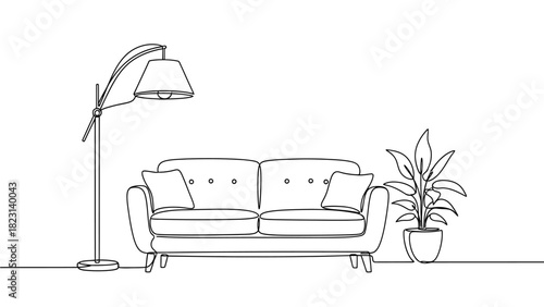 Line drawing of a sofa, lamp, and potted plant.