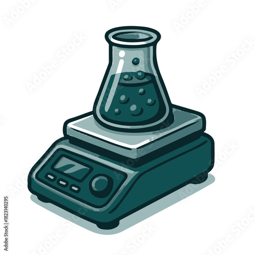 A round-bottom laboratory flask filled with a blue liquid used for mixing and heating chemicals.
