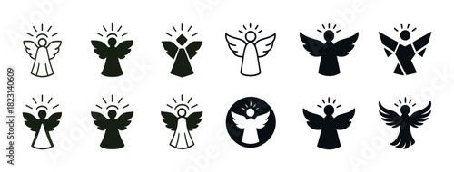Collection of angel icon silhouettes in various styles and shapes