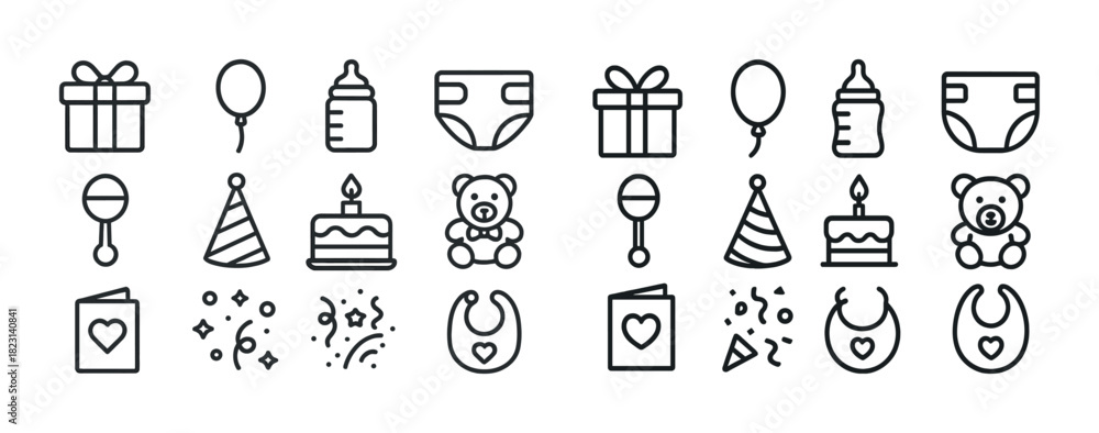 Naklejka premium Baby shower icons: gifts, balloons, bottles, diapers, cake, teddy bears, rattles, party hats
