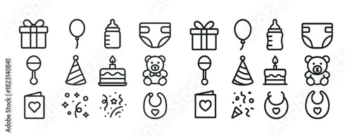 Baby shower icons: gifts, balloons, bottles, diapers, cake, teddy bears, rattles, party hats