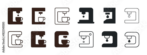 Set of minimalist coffee maker icons in black and brown