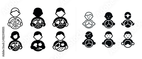 Icon set of children holding puzzle and steering wheel symbols