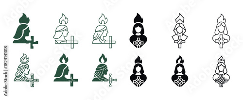 Set of saint brigid icons with celtic crosses and flames