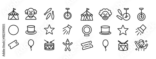 Circus icon set with clown, tent, juggling balls, unicycle, and drum