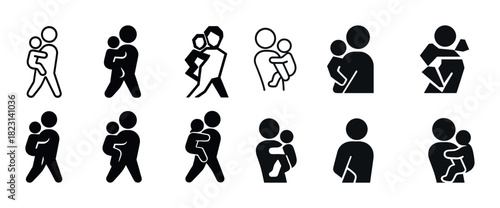 Set of minimalist human figures holding children in various styles