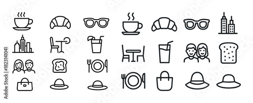 Set of cafe and city themed icons: coffee, croissant, and urban elements