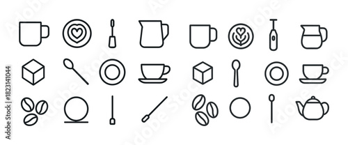 Minimalist coffee utensils and beverage icons in line art style