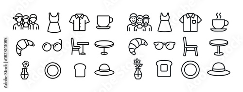 Simple line icons of clothing, food, and coffee for graphic design