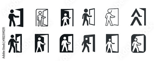 Collection of exit door icons showing various man posing silhouettes