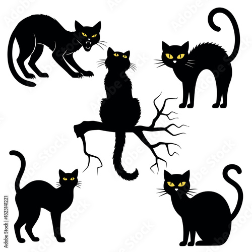 Intriguing silhouettes of sleek black cats, captured in various poses, exuding an aura of mystery and elegance, evoking feelings of intrigue and anticipation. 