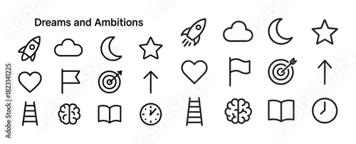Icons representing dreams and ambitions: rocket, cloud, moon, star, heart, flag, book, ladder