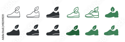 Eco-friendly shoe icon set with leaf designs in black and green