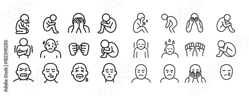 Set of line art illustrations depicting various expressions of anxiety and stress