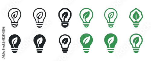 Eco-friendly light bulb icons with leaf designs in black and green