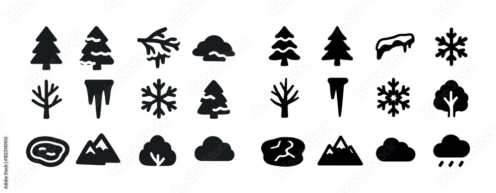 Fototapeta premium Winter nature icons: trees, snowflakes, clouds, and mountains