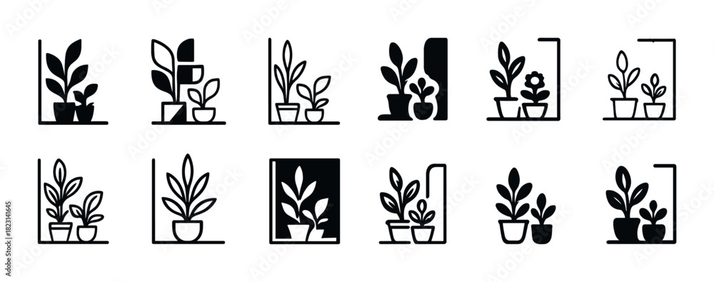 Fototapeta premium Minimalist plant icon set featuring various indoor potted plants