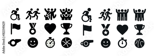 Black and white sports and fitness icons including wheelchair athlete and trophy