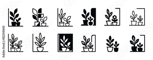 Minimalist plant icon set featuring various indoor potted plants
