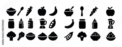 Baby food and kitchen tools icons: blenders, bottles, fruits, vegetables, bowls