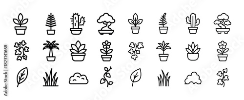Collection of minimalist potted plant and leaf line icons