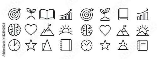 Set of minimalist line icons: growth, knowledge, success, time, and ideas