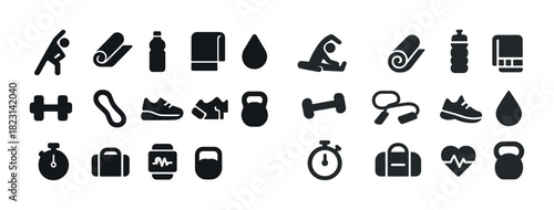 Fitness icon set: exercise, equipment, and health symbols