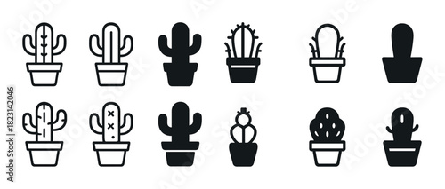 Set of twelve minimalist cactus icons in black and white