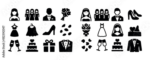 Wedding icons set: bride, groom, attire, flowers, and reception elements