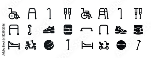 Assistive mobility icon set: wheelchairs, walkers, crutches, canes, scooters