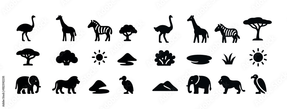 Obraz premium Silhouettes of safari animals and plants on white background