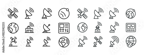Satellite and communication icons set: antenna, earth, signal, and space elements