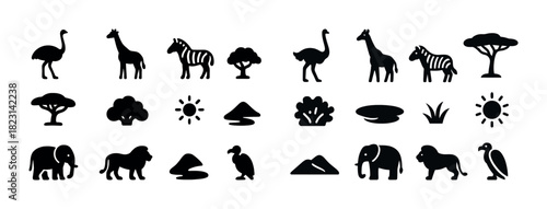 Silhouettes of safari animals and plants on white background