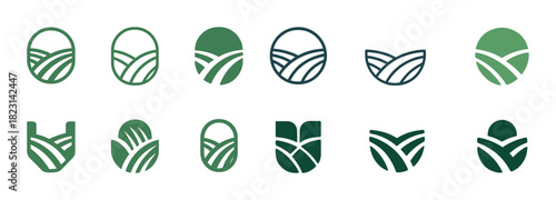 Collection of green agricultural logos with field and leaf designs