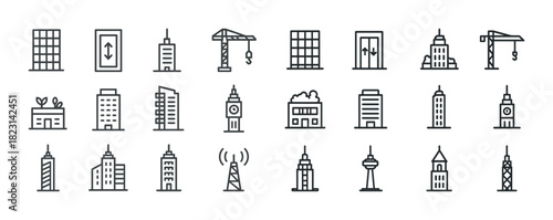 Set of outline building and construction icons featuring skyscrapers and cranes