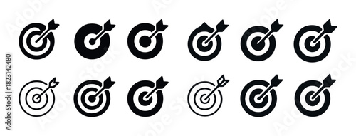 Black and white target icons with arrows aligned horizontally in two rows