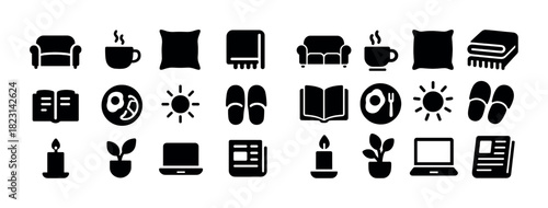 Cozy home icons collection: furniture, food, plant, technology, and relaxation symbols