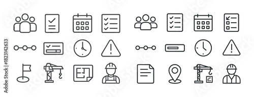 Construction and project management icons set with worker and tools