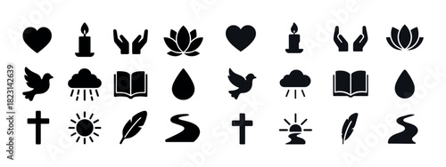 Collection of spiritual and nature icons: heart, candle, hands, lotus, dove, cloud, book, water, cross, sun, path, feather