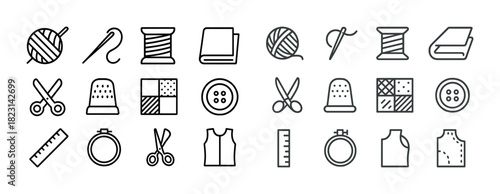 Collection of sewing and knitting icons featuring tools and materials